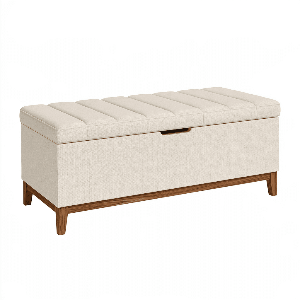 Banc coffre de rangement 120 x 45 x 48 cm en tissu beige avec pieds en bois style contemporain