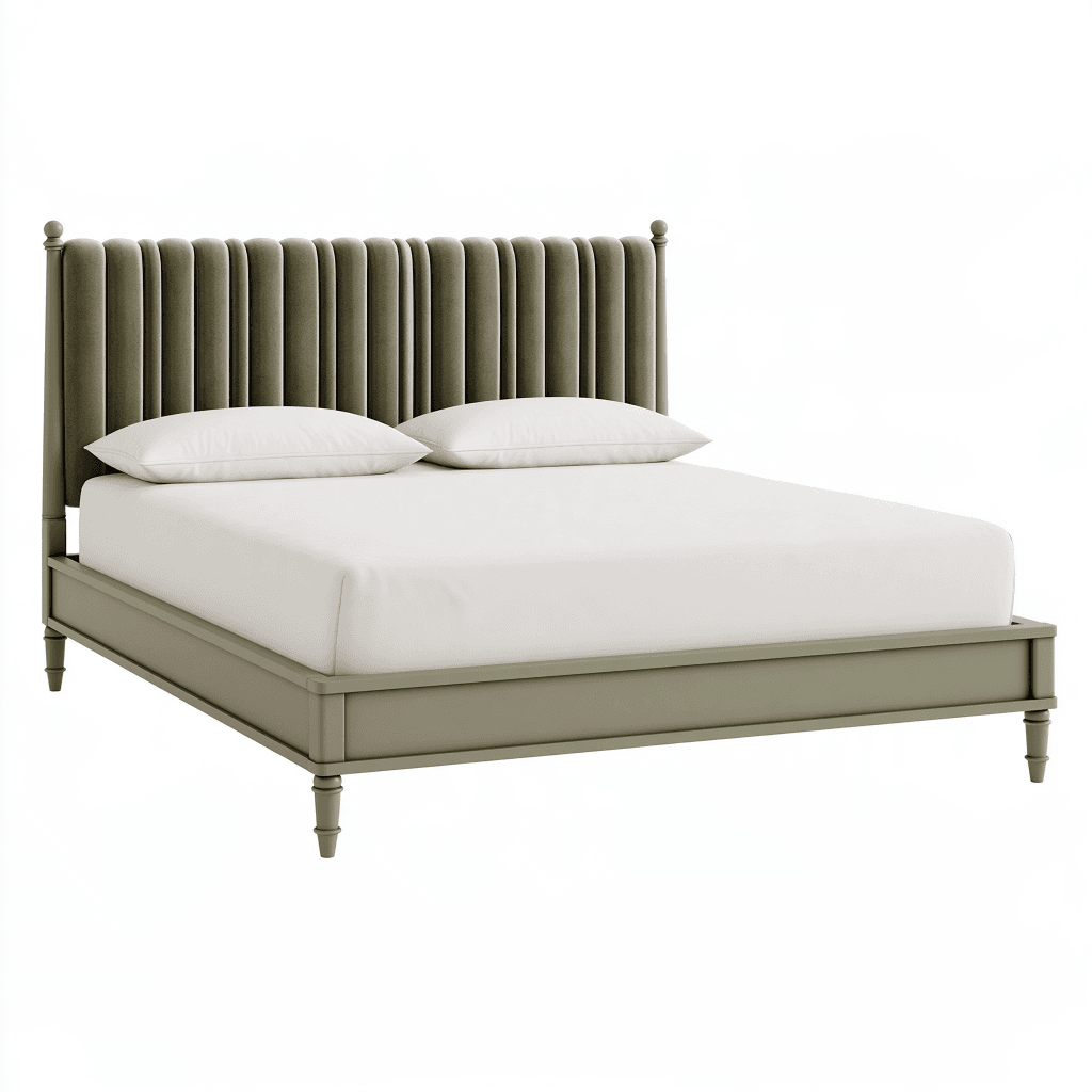 Lit 160 x 200 cm en bois et tissu vert olive avec tête de lit capitonnée style classique