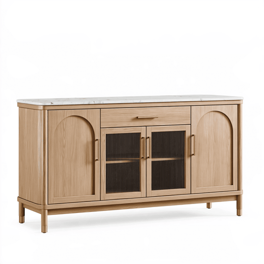 Buffet de rangement 160 x 40 x 90 cm en bois beige avec plateau aspect marbre et portes vitrées style contemporain