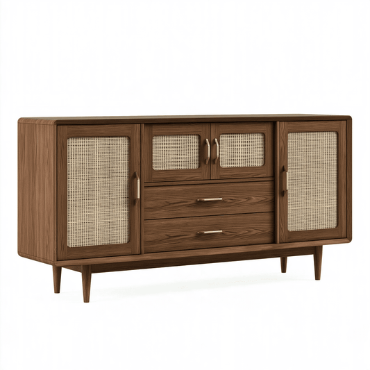 Buffet 160 x 40 x 85 cm en bois brun et cannage avec 4 portes et 2 tiroirs style rétro