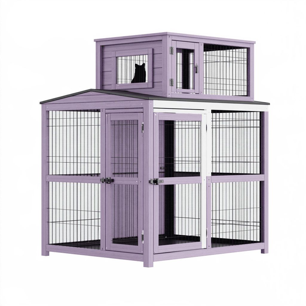 Enclos pour chat 180 x 90 x 180 cm en bois violet - structure à deux niveaux pour extérieur