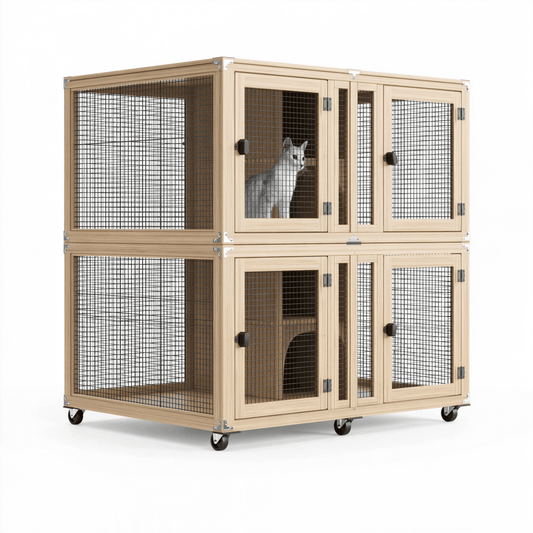 Cage pour chat 120 x 60 x 120 cm en bois naturel et grille métallique à roulettes