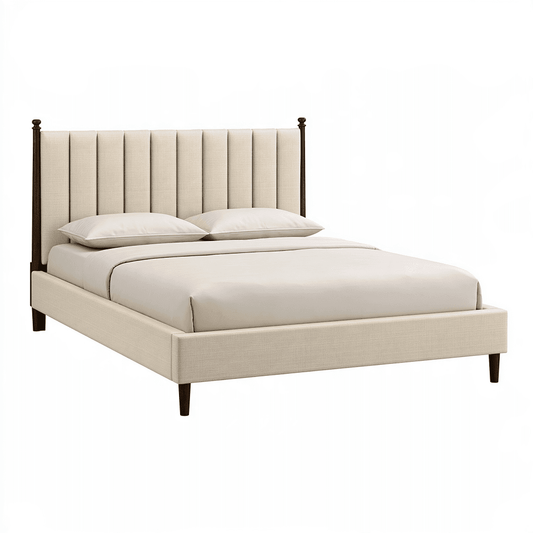 Lit 160 x 200 cm en tissu beige et bois marron foncé style classique à tête de lit rembourrée