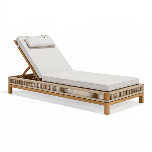 Chaise longue de jardin 200 x 75 cm en bois et textile écru à dossier réglable